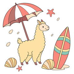 Fototapeta premium Charming SVG of a Cheerful Alpaca featuring under an umbrella, styled in a Under the Sea theme with Ocean Dreams hues