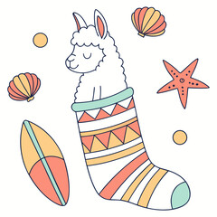 Fototapeta premium Content Alpaca with snuggled in a sock, set in a charming Under the Sea theme – Ocean Dreams color vector art