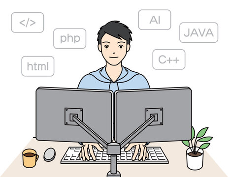 Skilled male software developer engineering with multiple programming languages and artificial intelligence technology