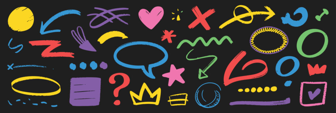 Hand drawn doodle element collection with arrows, shapes, and speech bubble.