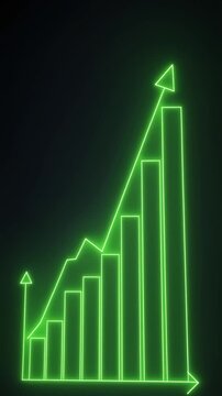 Dynamic glowing green line graph and bar chart ascend upwards on dark background, representing financial growth and progress, symbolizing success, investment