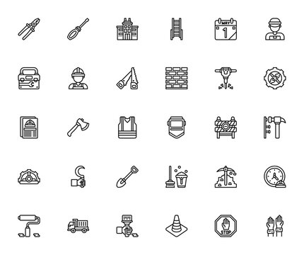 Labor_4951 icon pack. Minimal outline vector set. Includes pliers, screwdriver, ladder, calendar, helmet, hammer, wrench, warning sign, tool box, construction worker, and more.