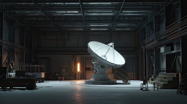 Radio telescope dish inside research facility