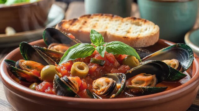 Delicious Mussels in Tomato Sauce with Crusty Bread and Basil Garnish.