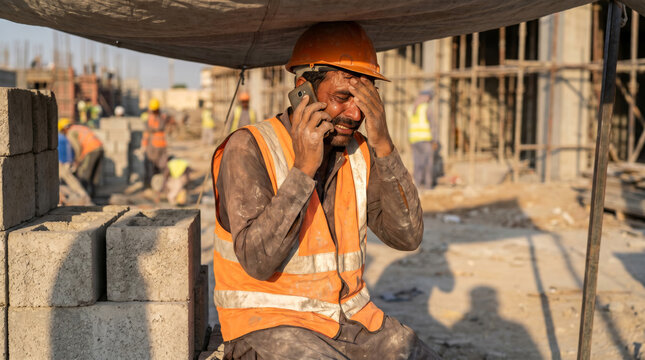Exhausted Pakistani construction worker father calling family during work break, emotional Father&rsquo;s Day sacrifice, migrant labor lifestyle, hard-working provider parent documentary scene