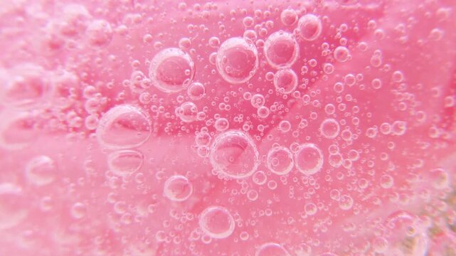 Pink serum gel background, cream, shampoo, macro soap bubbles, foam texture