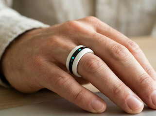 Fototapeta premium Close-up of a hand wearing a smart ring with glowing blue lights on a wooden surface