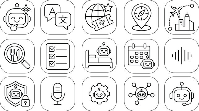 Set of 14 travel and chatbot icons isolated on a transparent background