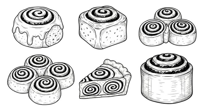 Cinnamon roll icons, pastry set, bakery illustrations, sweet treats, vector graphics