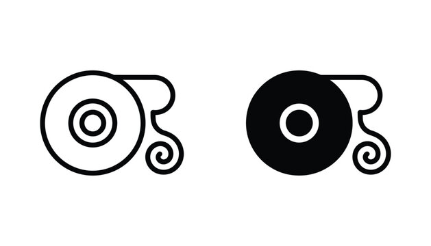 Set of two circular tape roll icons in black outline and solid black silhouette styles for office supply and industrial packaging design vector graphics