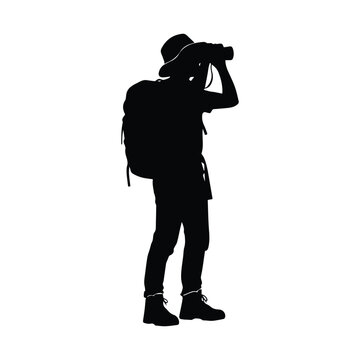 Silhouette of hiker with binoculars on white background