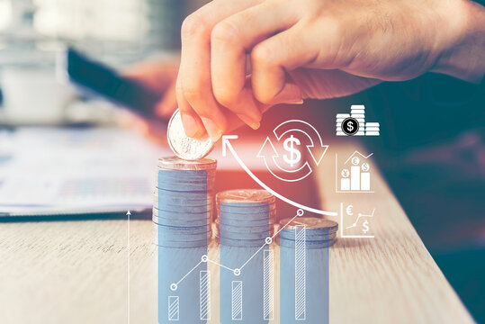 Double exposure of coins and city background for finance and banking concept