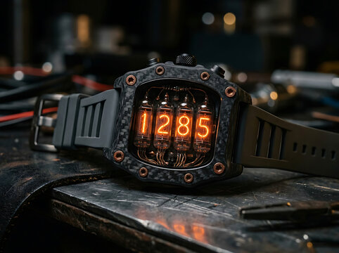 A futuristic watch with nixie tubes displaying the time on a workbench