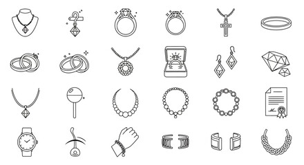 Jewelry icons, 25 black line art symbols, accessories collection, jewelry set, vector graphics © Steven