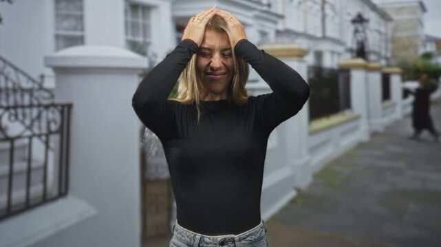 Woman clutching head with both hands and grimacing in front of white townhouse on a residential street; frustration release.