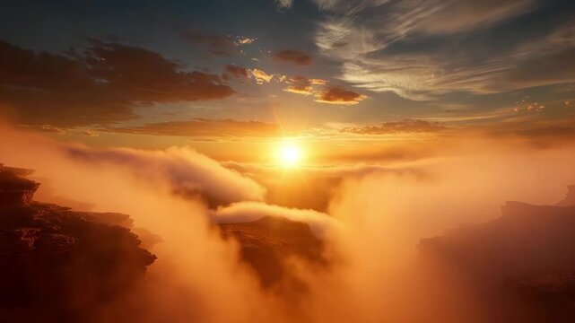 Aerial slow motion tracking pan over rugged canyon cliffs with rolling fog and sun rising on horizon