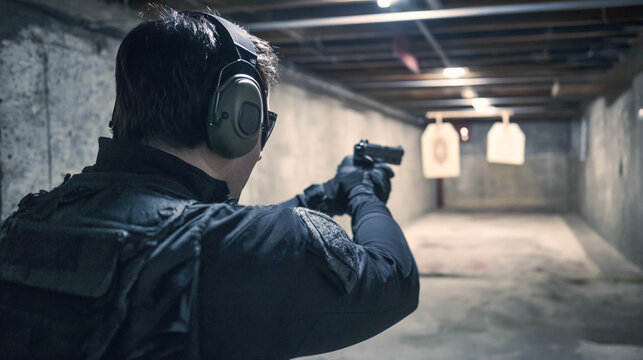 A man wearing protective headphones and tactical gear is practicing pistol shooting in a closed range. A back view of the shooter aiming at paper targets.