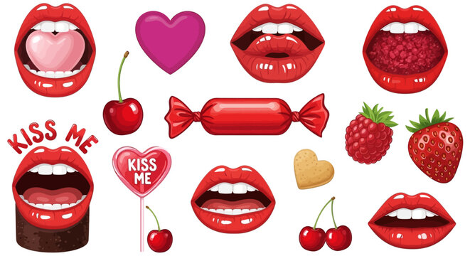 Valentine's Day stickers, kiss me icons, lip kiss symbols, candy and heart illustrations, 25 Valentine's Day vector graphics