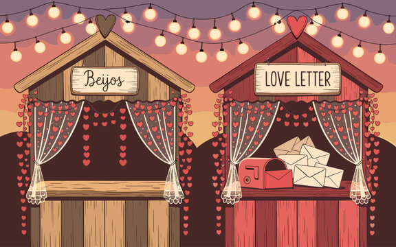 A charming depiction of two quaint wooden structures, one labeled Beijos and the other Love Letter, adorned with decorative elements.