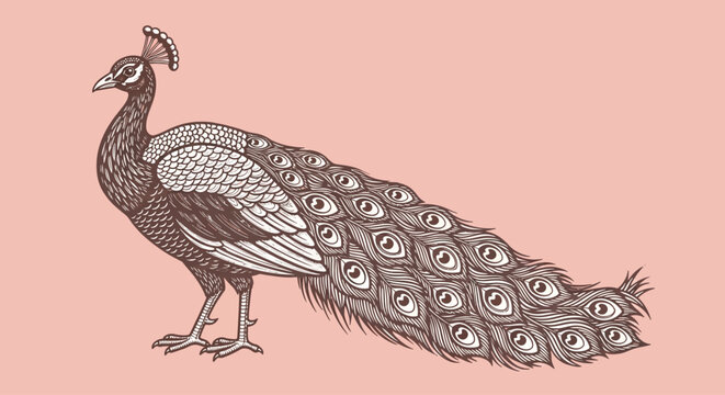 Peacock, brown, illustration, vector, bird, eye-catching, decorative, pink background