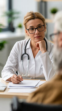 Compassionate Consultation: A dedicated doctor engages in a heart-to-heart discussion with an elderly patient, fostering empathy and care in a medical setting.