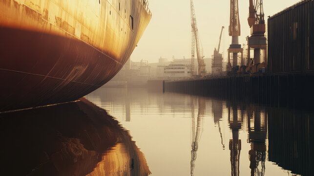 Industrial shipyard operations with large cargo ship hull