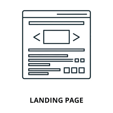 A line art icon depicting a landing page or website layout with code elements, representing web development and digital marketing concepts.