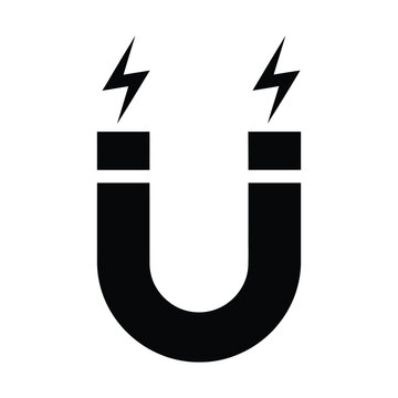 Black horseshoe magnet with lightning bolts symbolizing magnetic force and attraction.