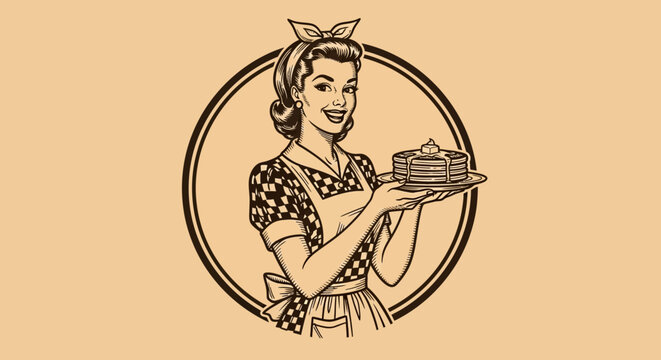 Vintage waitress, retro diner illustration, food service icon, black line art