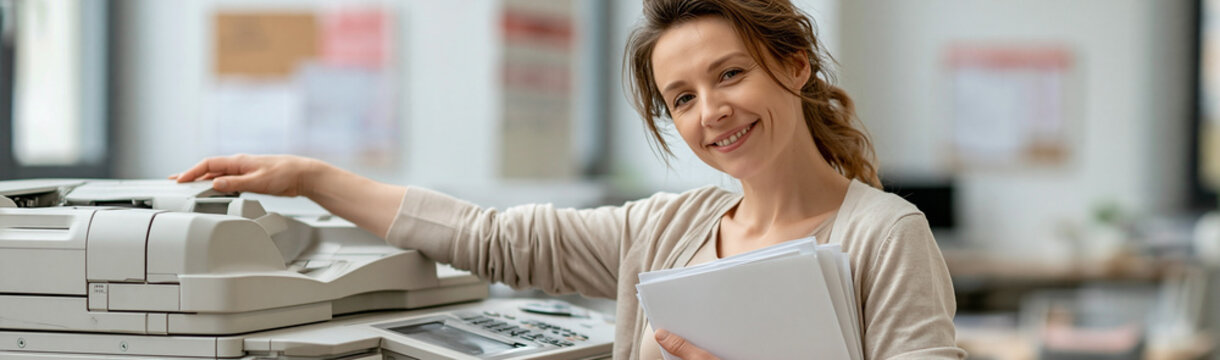 Office Efficiency: A smiling professional is depicted next to a multifunction printer in an office. They are holding document in their hand and ensuring the efficient operation of a printing device