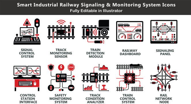 Railway system vector icons set, top view rail control, signal system, track monitoring, train detection, safety dashboard, network node CAD