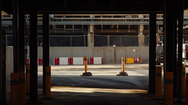 Urban construction site entrance with temporary barriers framing redevelopment
