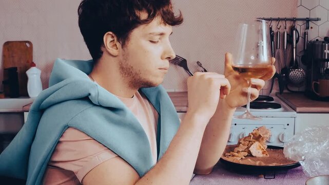 Young man drinks wine and prepares to eat vegetables