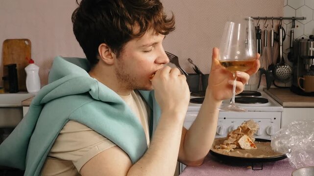 Young man drinks wine and prepares to eat vegetables