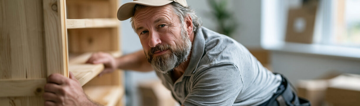 Craftsman's Focus: A skilled craftsman, deeply immersed in his craft, meticulously works on a wooden cabinet, demonstrating precision and dedication.