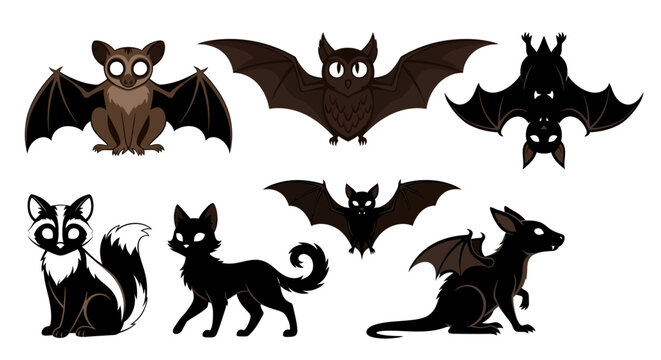 Halloween icons, animal silhouettes, bat and cat vector set, black and brown illustrations