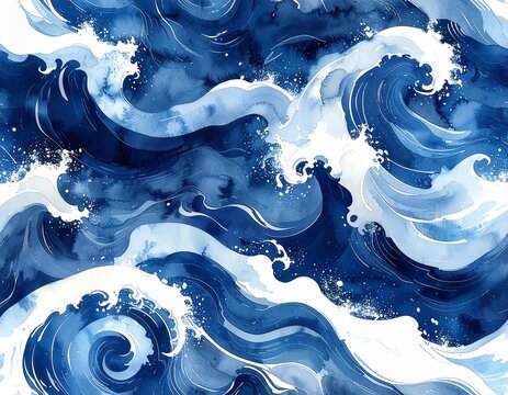 Seamless blue watercolor ocean waves in Japanese woodblock style