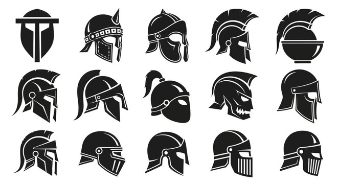 Spartan Helmet Icons, Vector Gladiator Shields, Black Silhouette Symbols, Warrior Headgear Graphics, 15 Elements