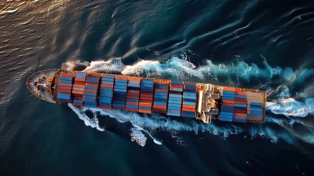 Cargo container ship carries goods across the ocean with contrail marking the sky above during daytime