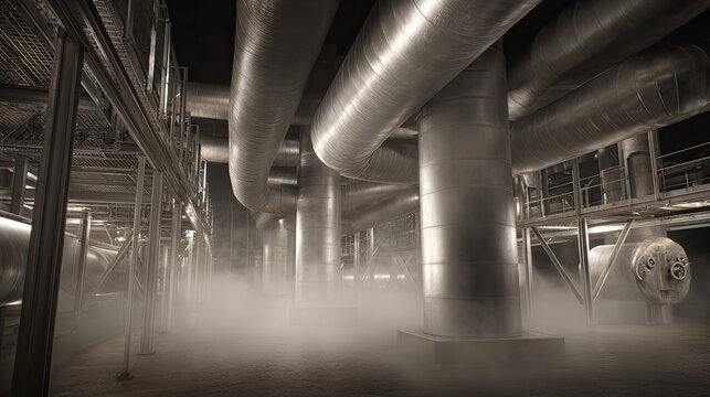 Industrial piping system with rising steam and fog