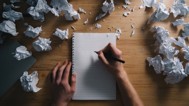 A person's hands writing in a notebook surrounded by crumpled paper