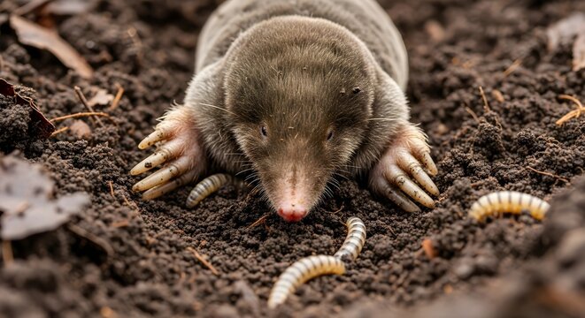 Mole Digging in Soil with Larvae Close up Photo