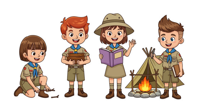 Scout, kids, camping, outdoors, adventure, vector icons, illustrations, scout uniform, children, exploration