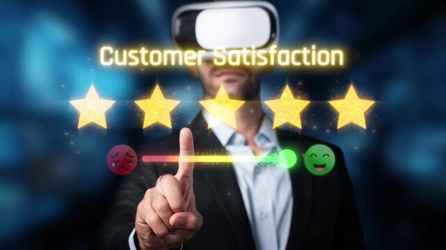 A business professional uses virtual reality to assess customer satisfaction, showcasing star ratings and emoticons to illustrate user feedback and engagement. Raster
