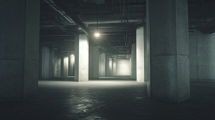 Fototapeta premium Dark industrial underground parking garage with concrete pillars