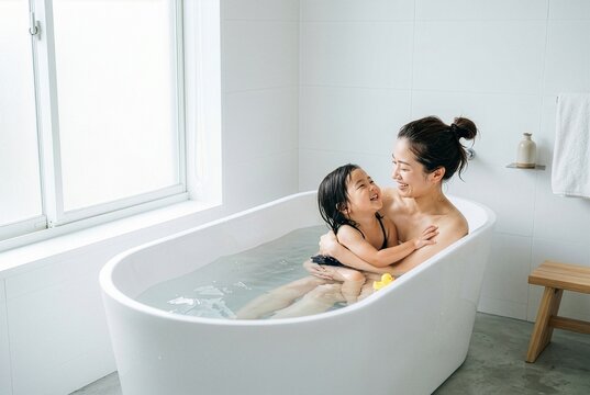Japanese Parent and Child Enjoying Bath Time Together, Warm Family Bonding and Daily Life Concept