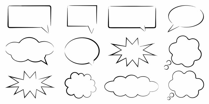 Speech bubbles and thought clouds black line art on white background