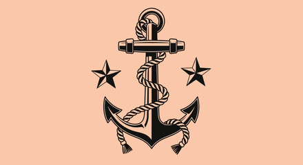 Nautical anchor icon, rope wrapped anchor symbol, star emblem, black on peach background, vector graphic © Steven
