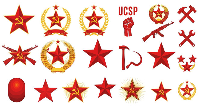 Communist, socialist, red star, gold emblems, 25 symbol set, vector icons