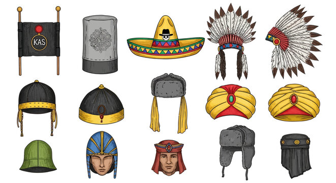 Warrior, tribal, medieval helmets, 13 icons, vector